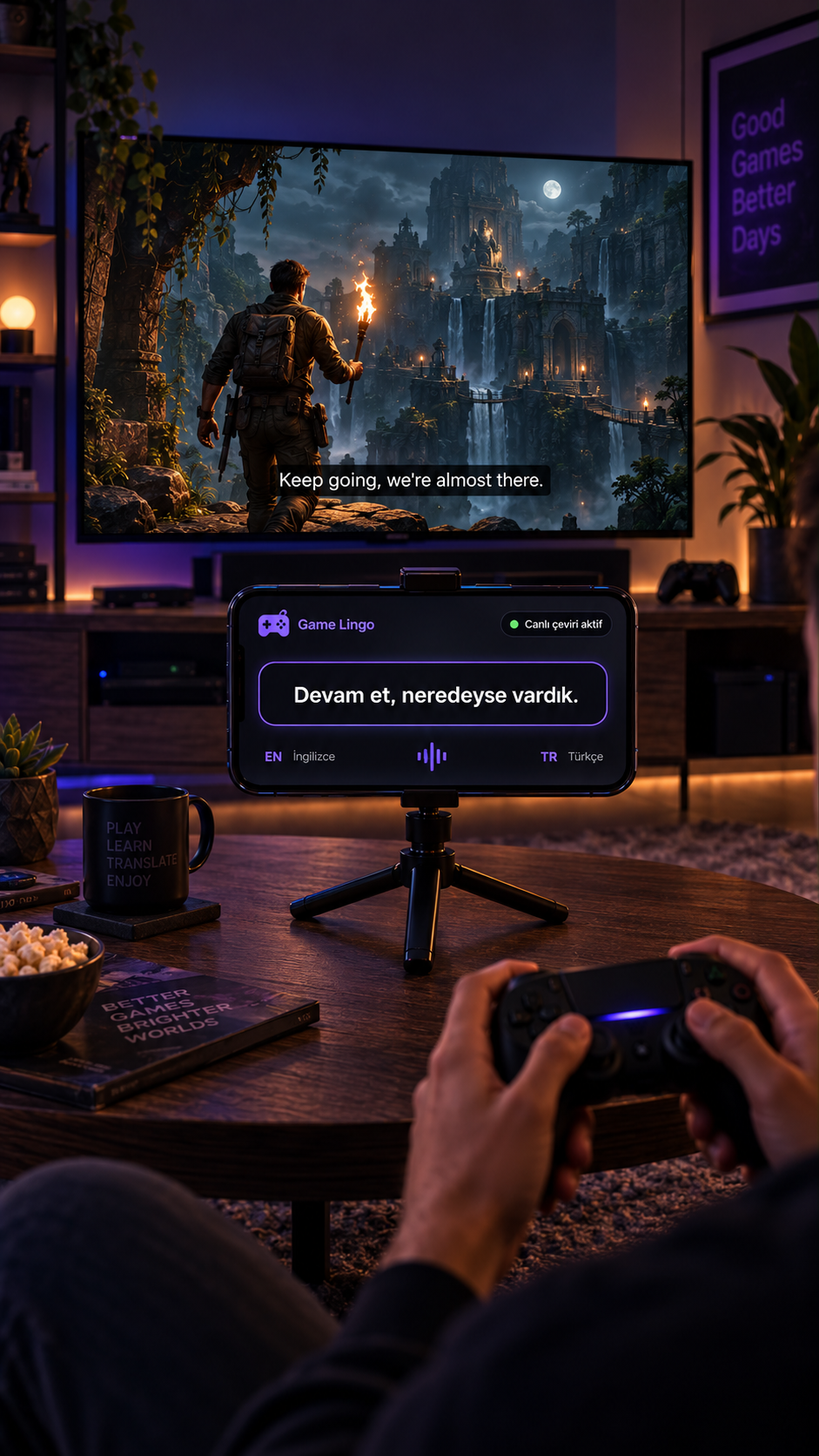 Game Lingo'nun TV karşısında tripod üzerindeki telefonda canlı çeviri kullanım örneği